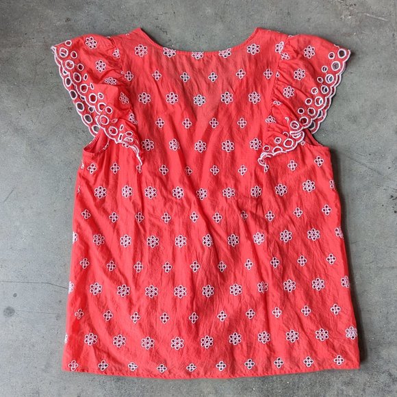 LOFT Coral Red Floral Eyelet Embroidery Ruffle Flutter V-Neck Blouse small - Picture 8 of 8